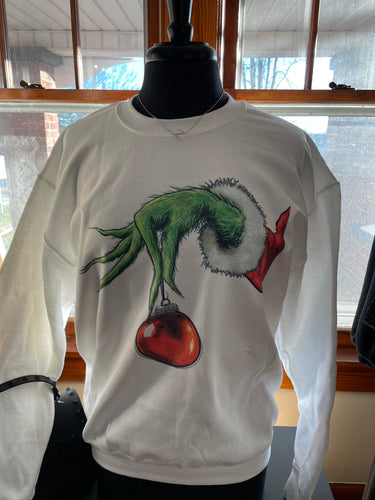 Tops-Grinch Hand with ornament sweatshirt