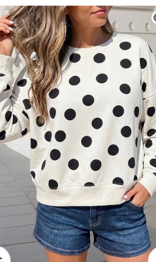 Tops - White Long Sleeve Sweatshirt W/Black Polka Dots