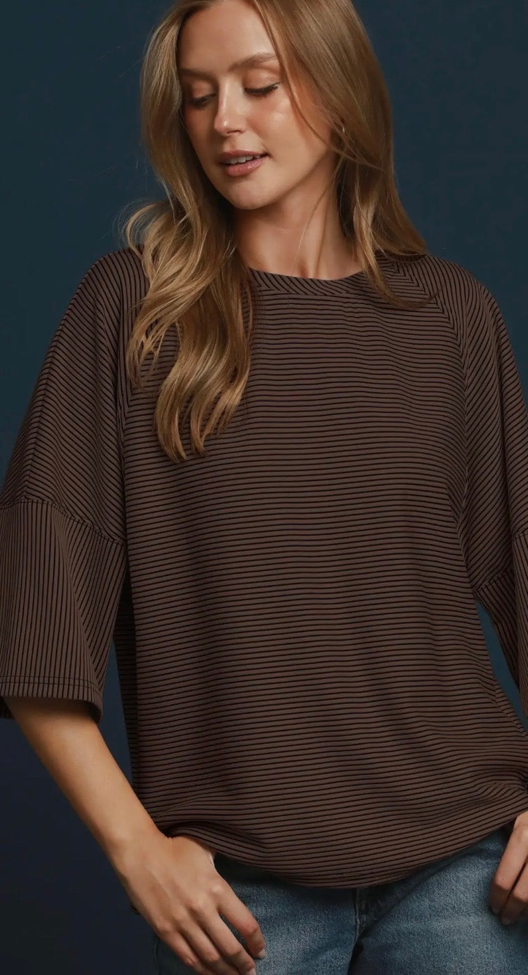 Tops - Brown Striped 3/4 Sleeve