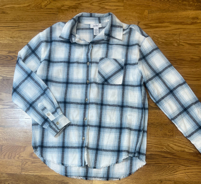 Tops - Blue, Ivory, & Black Flannel with Fringe Hem
