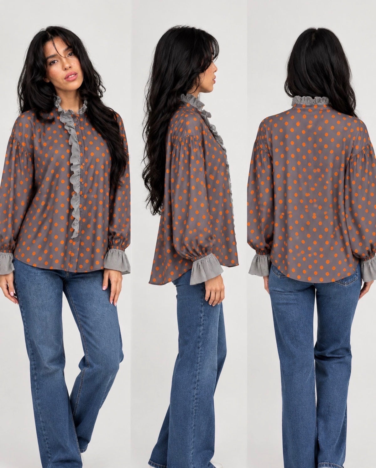 Tops- Polka Dot Button Up with Ruffled Sleeves
