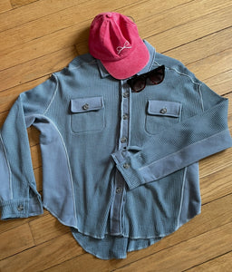 Tops - Blue Waffle Knit Button Up