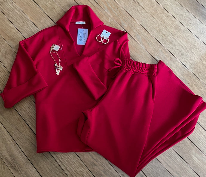 Sets - Red Two Piece W/ Wide Leg Pants and Top