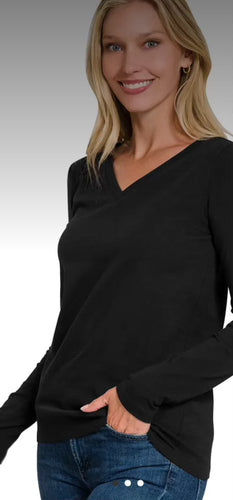 Tops - Black Cotton V-Neck Long Sleeve