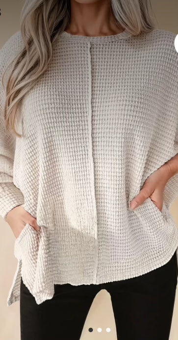 Tops - Oatmeal Waffle Knit Splits Batwing Long Sleeve Top