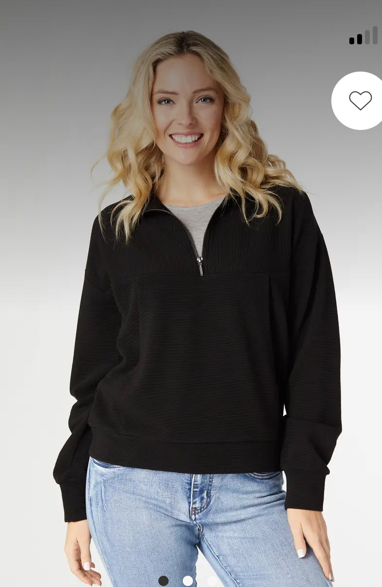 Tops - Black Ribbed Pullover W/ Half Zipped Top