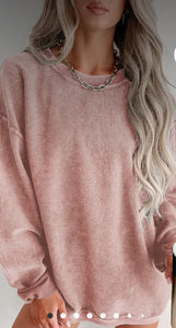 Tops - Distressed Pink Crew Neck Long Sleeve Pullover