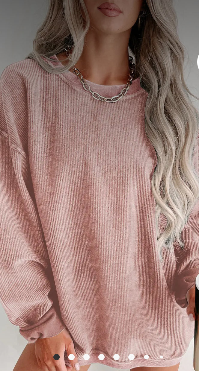 Tops - Distressed Pink Crew Neck Long Sleeve Pullover