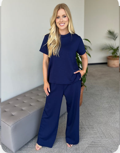 Sets - Navy Scuba Modal W/ Wide Leg Pants And Short Sleeve Top
