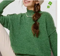 Tops - Green Sweater with Mock Neck and Exposed Seams