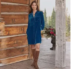 Dresses- Royal Blue Velour-Like Front Button Up Dress