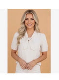 Tops - White Bow Tie V-Neck Puff Sleeve Blouse