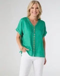 Tops - Green V-Neck w/ Cuffed Short Sleeve and Button Decor on Front