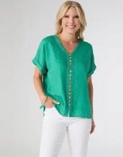 Tops - Green V-Neck w/ Cuffed Short Sleeve and Button Decor on Front