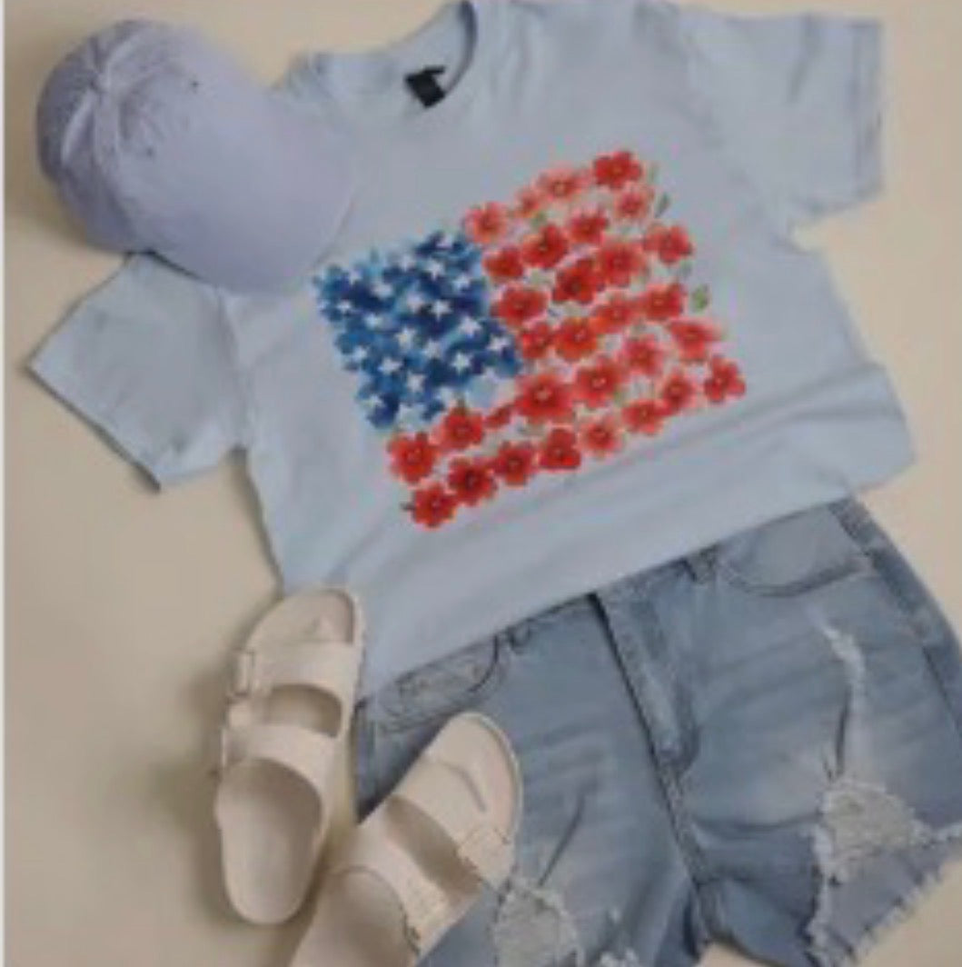 Tops - Light Blue Floral USA Flag Tee