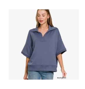 Tops- Blue Collared Short Sleeved Pull Over