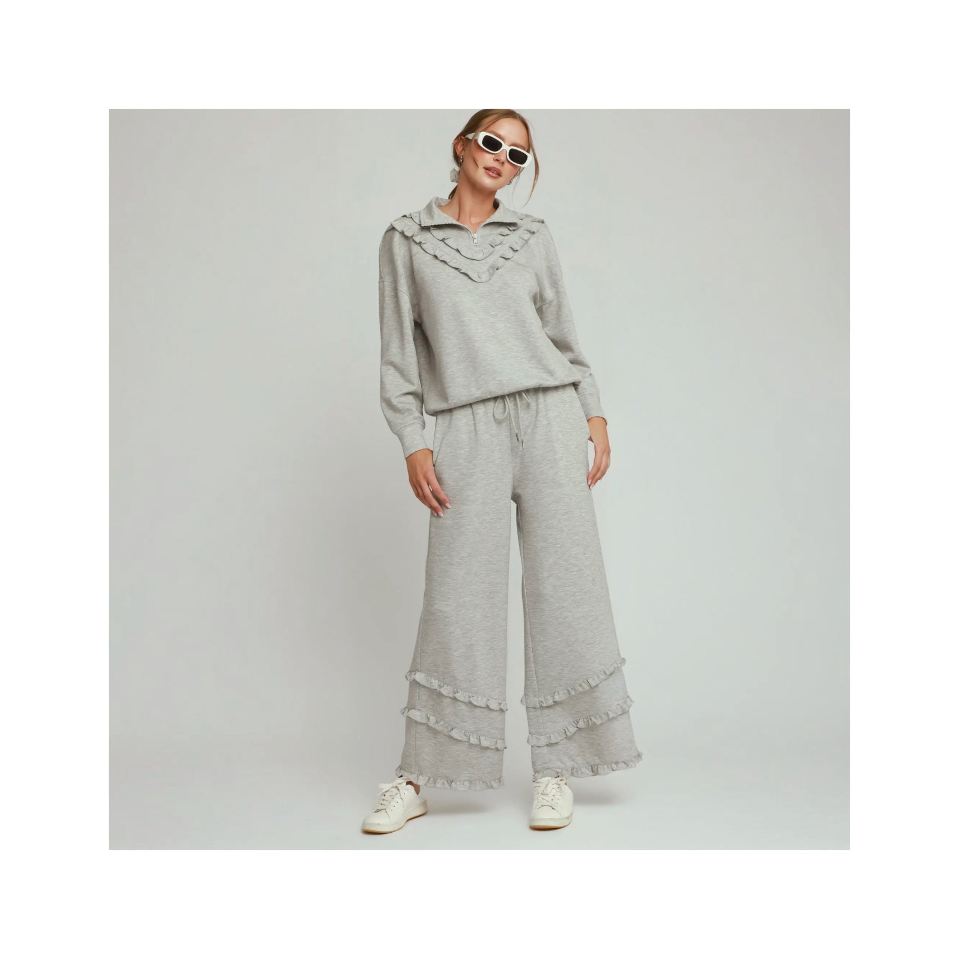 Sets - Ruffled Details On Pullover Top W/Ruffled Details On Wide-Legged Pants