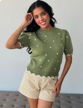 Tops - Green Sweater W/White Dots and Scalloped Edge