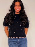 Tops - Black Sweater W/Taupe Dots & Scalloped Edge