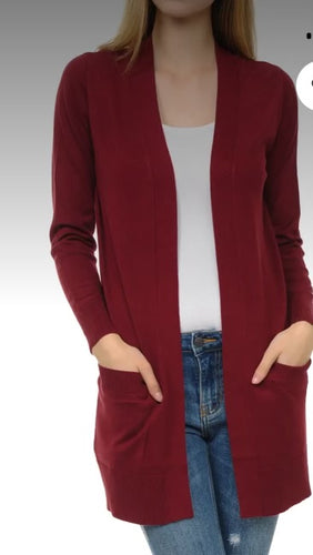Cardigans- Wine Open Front Lightweight Pocket Cardigan