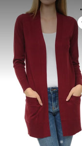 Cardigans- Wine Open Front Lightweight Pocket Cardigan