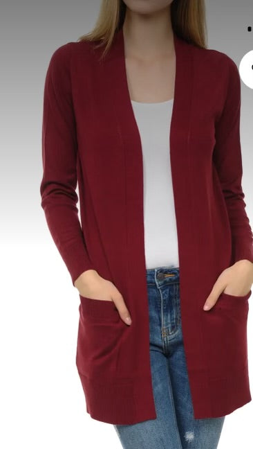 Cardigans- Wine Open Front Lightweight Pocket Cardigan