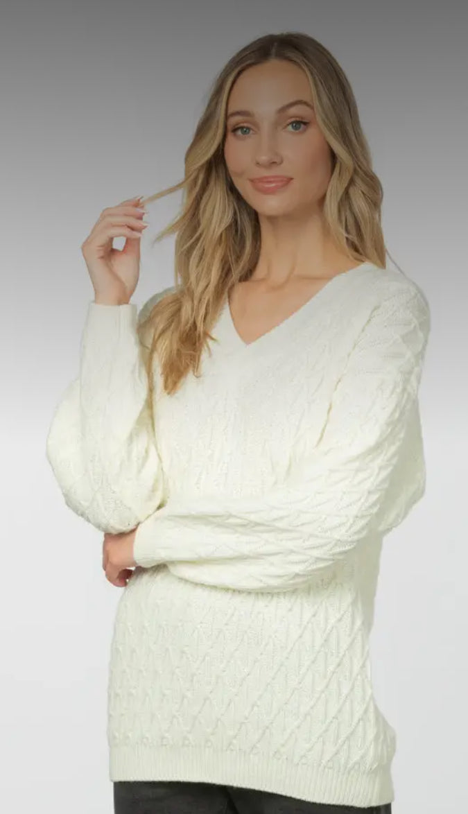 Tops- Ivory Diamond V-Neck Tunic Sweater