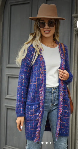 Cardigans- Tweed Multicolored Open Knit with Fringe