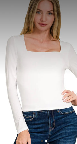 Tops- White Square Neck Fitted Long Sleeve