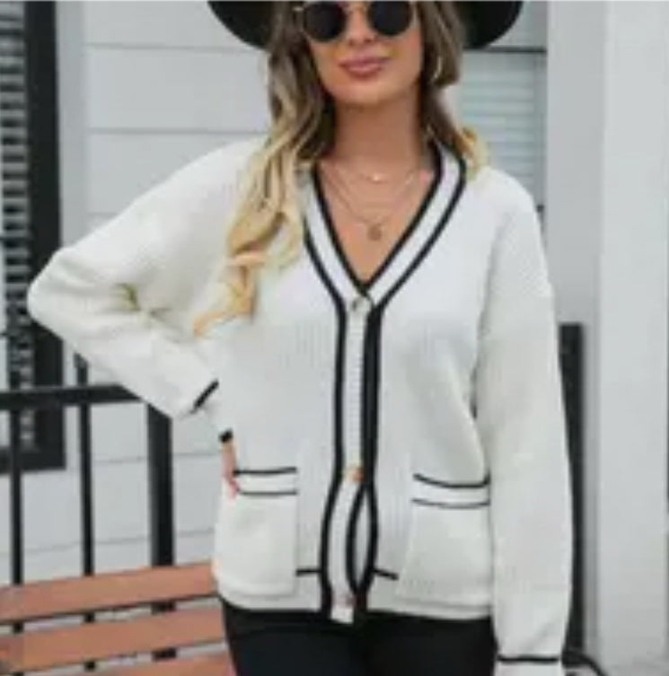 Cardigans-White w/ Black Trim Button Cardigan