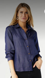 Tops- Soft Denim Blouse with Polished Brass Buttons