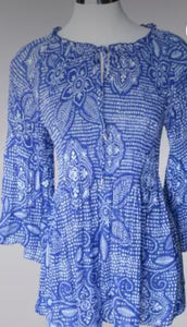 Tops- 3/4 Royal Blue & White Bell Sleeve Ruffled Keyhole Tie