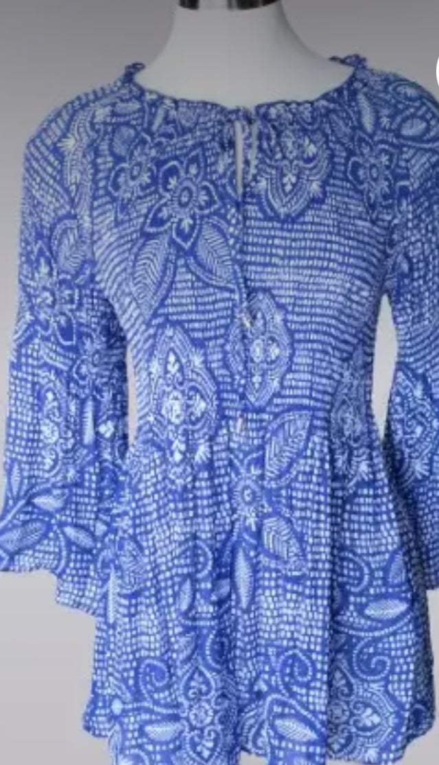 Tops- 3/4 Royal Blue & White Bell Sleeve Ruffled Keyhole Tie