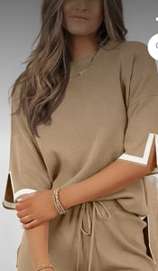 Sets- Tan w/ White Trim 2 Piece Shirt and Shorts