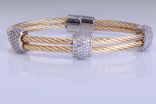 Accessories- Double Cable Cuff Bracelet with Three Crystal Stations