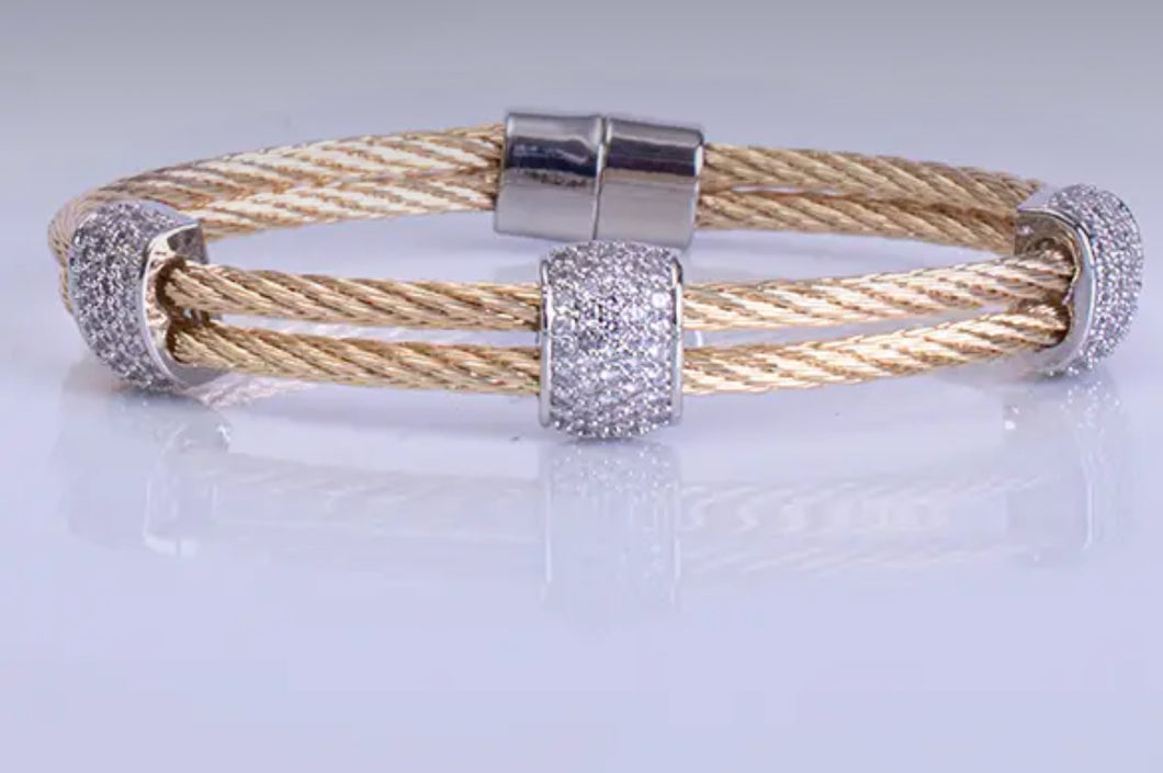 Accessories- Double Cable Cuff Bracelet with Three Crystal Stations