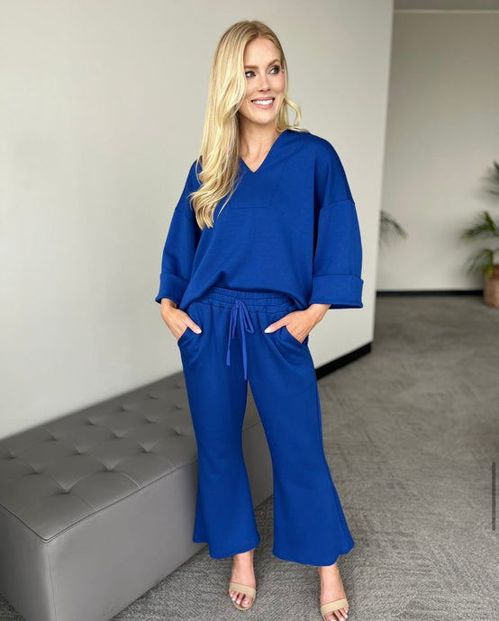 Sets- Royal Scuba V- Neck Top with Wide Leg Pants