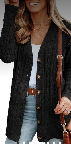 Tops - Cardigan - Black Long Sleeve Cable Knit