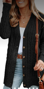 Tops - Cardigan - Black Long Sleeve Cable Knit