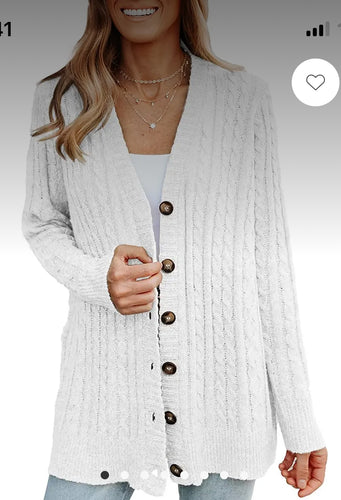 Tops - Cardigan- White Long Sleeve Cable Knit