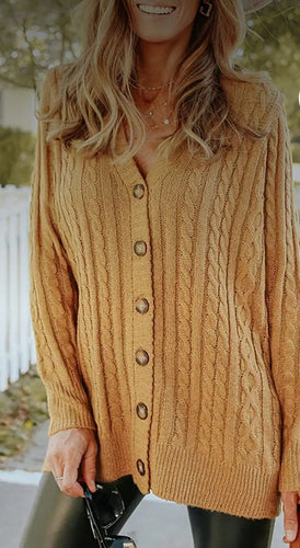 Tops - Cardigan - Camel Long Sleeve Cable Knit