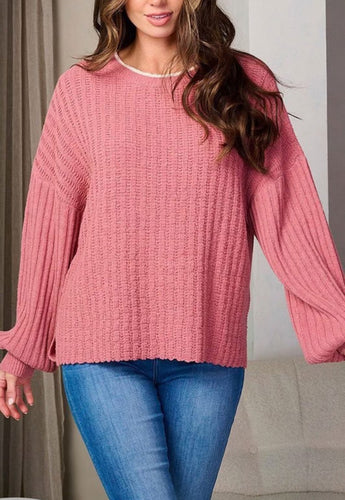 Tops - Rose Woven Sweater with Ivory Detail