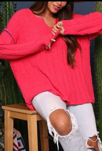 Load image into Gallery viewer, Tops - V-Neck Fuchsia Oversized Sweater