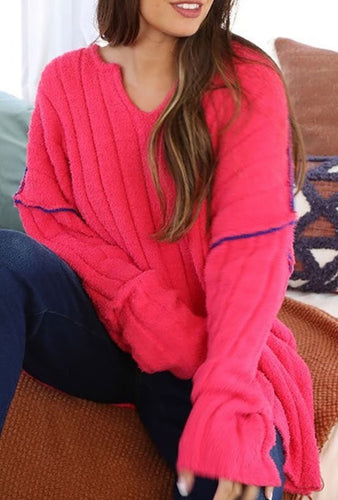 Tops - V-Neck Fuchsia Oversized Sweater