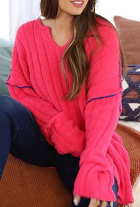Tops - V-Neck Fuchsia Oversized Sweater
