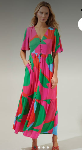 Dresses- Pink and Green Flutter Maxi Dress