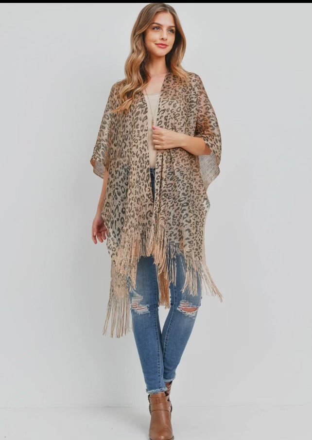 Tops- Leopard Print Fringe Kimono