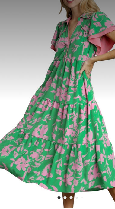 Dresses- Green and Pink Tiered Midi Dress