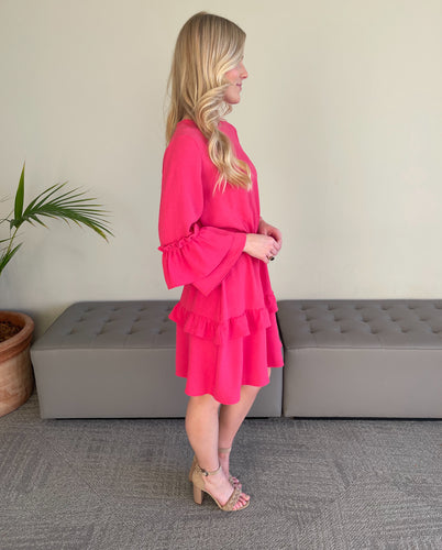 Dresses- Pink Layered Midi w/ 3/4 Length Bell Sleeves