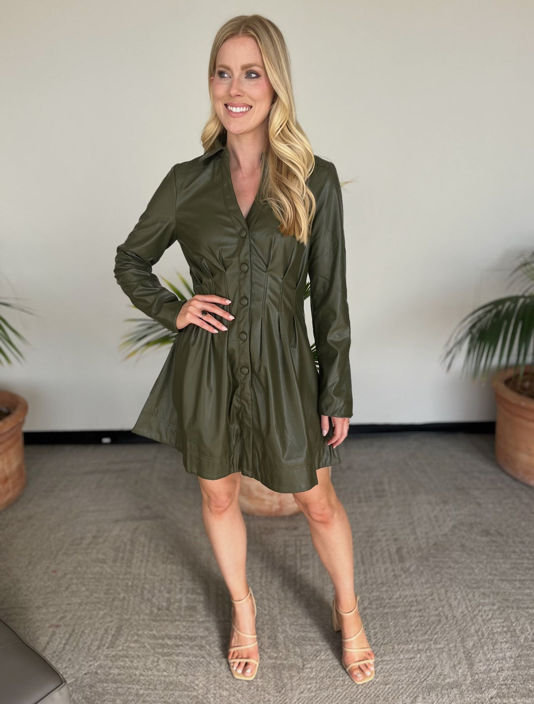 Dresses - Olive Faux Leather with Covered Buttons